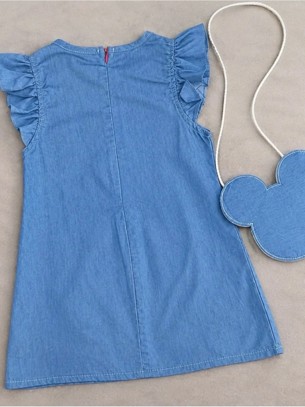 Girls Light Blue Denim Dress with Red Bow Crossbody Accent